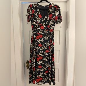 Madewell Navy Blue Floral midi dress with faux wrap bodice Sz 00
